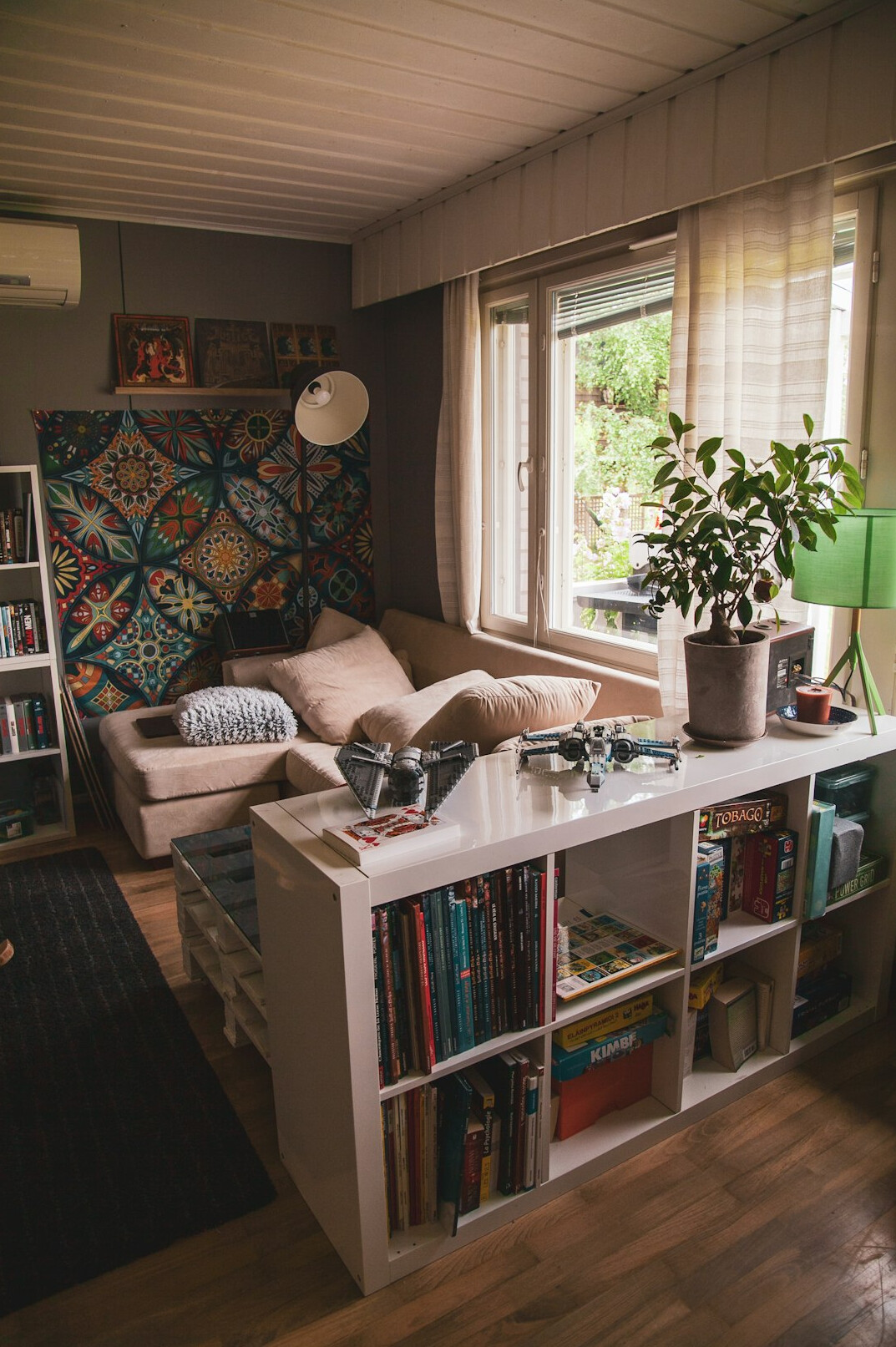 Living room with a bookshelf and storage baskets in natural light